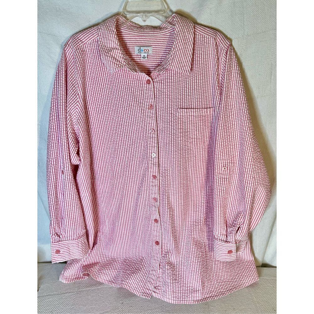 Denim & Co. Stretch Seersucker Long Sleeve Top Pink/White Stripe 2XL